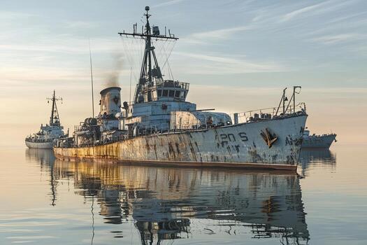 Rusty ships anchored in calm waters at sunrise. photo