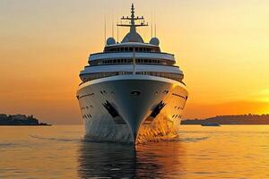 Luxury yacht sailing at sunset on calm waters. photo
