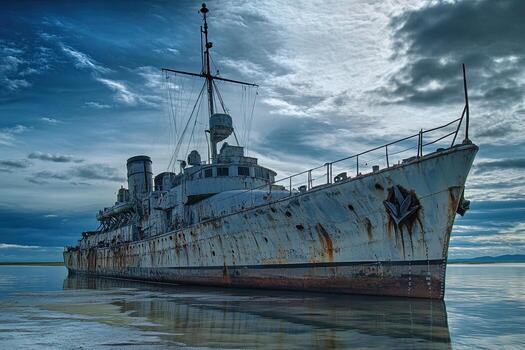 Rusty shipwreck on calm waters under a cloudy sky. photo