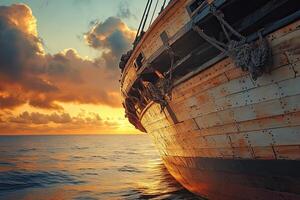 Sunset over a wooden ship at sea. photo