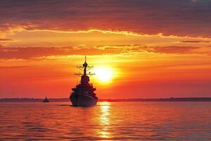 Ship sailing at sunset on calm waters. photo