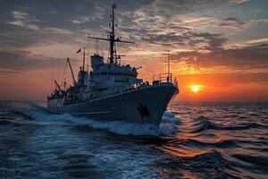 Ship navigating through water at sunset. photo