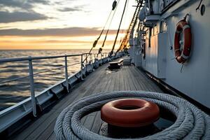 Sunset view on a ship's deck with lifebuoy. photo