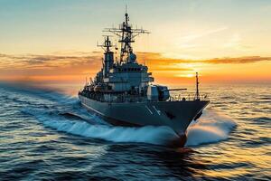 Warship navigating through ocean at sunset. photo