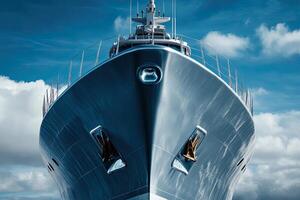 Large luxury yacht against a dramatic sky backdrop. photo