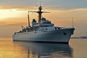 Luxury ship anchored at sunset on calm waters. photo