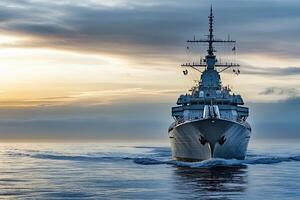 Naval ship sailing at sunrise in calm waters. photo