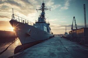 Naval ship docked at a harbor during sunset. photo