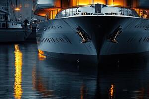 Elegant yacht illuminated at night by the waterfront. photo