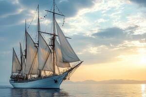 Sailing ship with billowing sails at sunset. photo