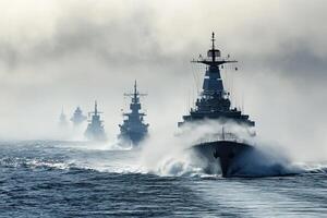 Fleet of warships navigating through misty waters. photo