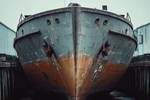 Rusty ship bow in a dock with weathered textures. photo