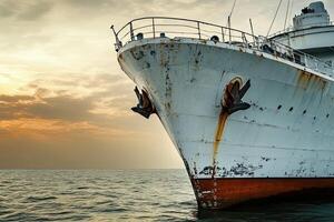 Rusty ship bow at sunset over calm waters. photo