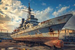 Rusty ship in dry dock under a dramatic sky. photo