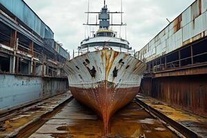 Rusty ship docked in a weathered industrial area. photo