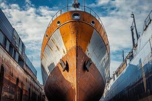 Rusty ship in dry dock under a cloudy sky. photo