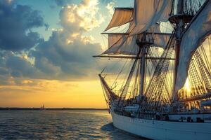 Sailing ship at sunset with billowing sails. photo