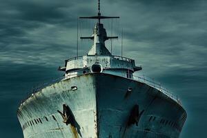 Rusty ship bow under dramatic cloudy sky. photo