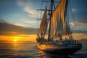 Sailing ship at sunset on calm waters. photo