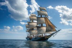 Sailing ship with billowing sails on a calm sea. photo