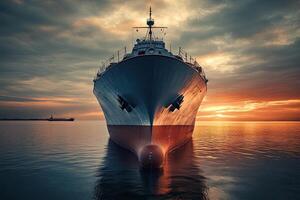Ship at sunset on calm waters, reflecting vibrant colors. photo