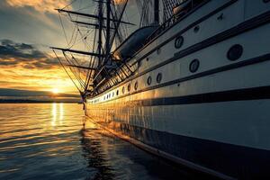 Ship at sunset reflecting on calm waters. photo