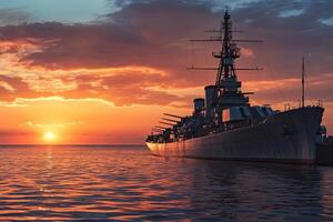 Battleship silhouetted against a vibrant sunset. photo