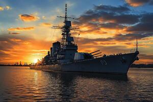Battleship silhouetted against a vibrant sunset. photo