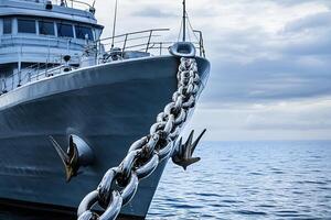 Boat anchored with a large metallic chain in the ocean. photo