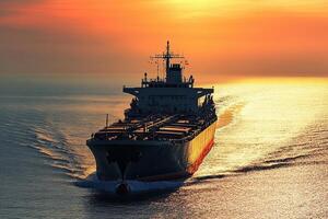 Cargo ship navigating at sunset on calm waters. photo