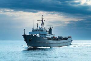 Cargo ship navigating through calm waters under cloudy skies. photo