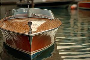 Classic wooden boat resting on calm waters. photo