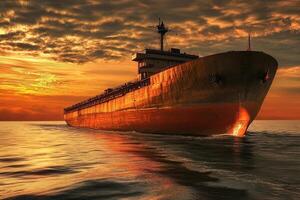 Cargo ship sailing at sunset over calm waters. photo