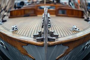 Close-up of a boat's bow showcasing wooden deck details. photo