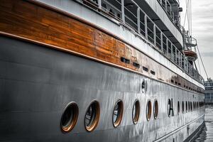 Detailed view of a ship's hull with wooden accents. photo