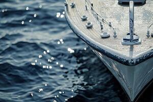 Close-up of a boat's bow on shimmering water. photo