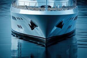 Front view of a sleek yacht on calm waters. photo