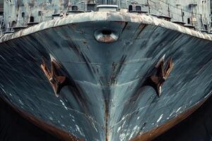 Close-up of a weathered ship's bow with anchors. photo