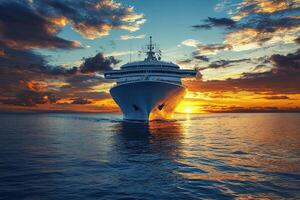 Cruise ship sailing at sunset over calm waters. photo