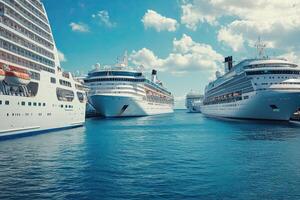 Cruise ships docked in a serene harbor under blue skies. photo