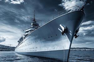Large ship docked, showcasing maritime engineering. photo
