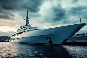 Luxury yacht moored in a tranquil harbor at sunset. photo