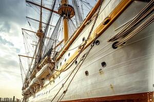 Detailed view of a historic sailing ship's hull and rigging. photo