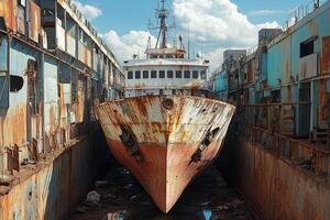 Rusty ship in a dry dock surrounded by decaying structures. photo