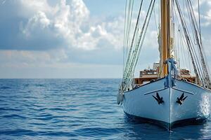 Sailboat navigating calm waters under a cloudy sky. photo