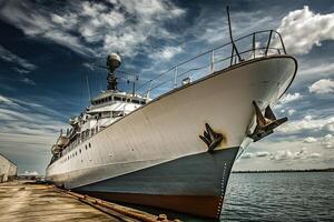 Large ship docked at a harbor under a dramatic sky. photo