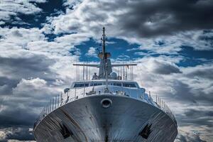 Large ship facing the viewer under a cloudy sky. photo