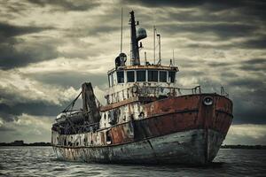 Rusty tugboat adrift under a moody sky. photo
