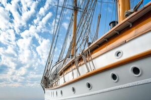 Side view of a sailing ship under a cloudy sky. photo