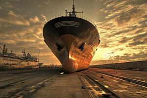 Ship docked at sunset with dramatic lighting. photo